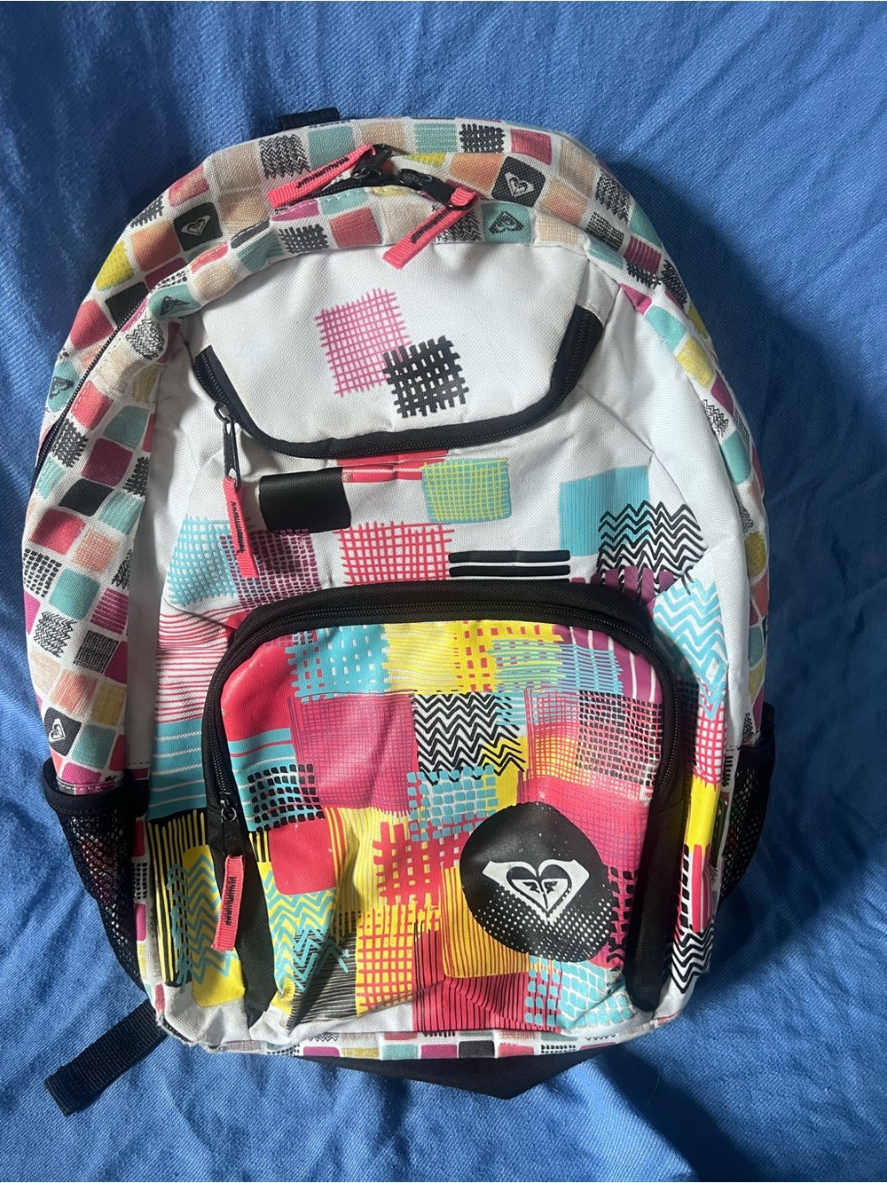 Roxy White Multicolor Patchwork Backpack. Wear shown. Still fully functional.